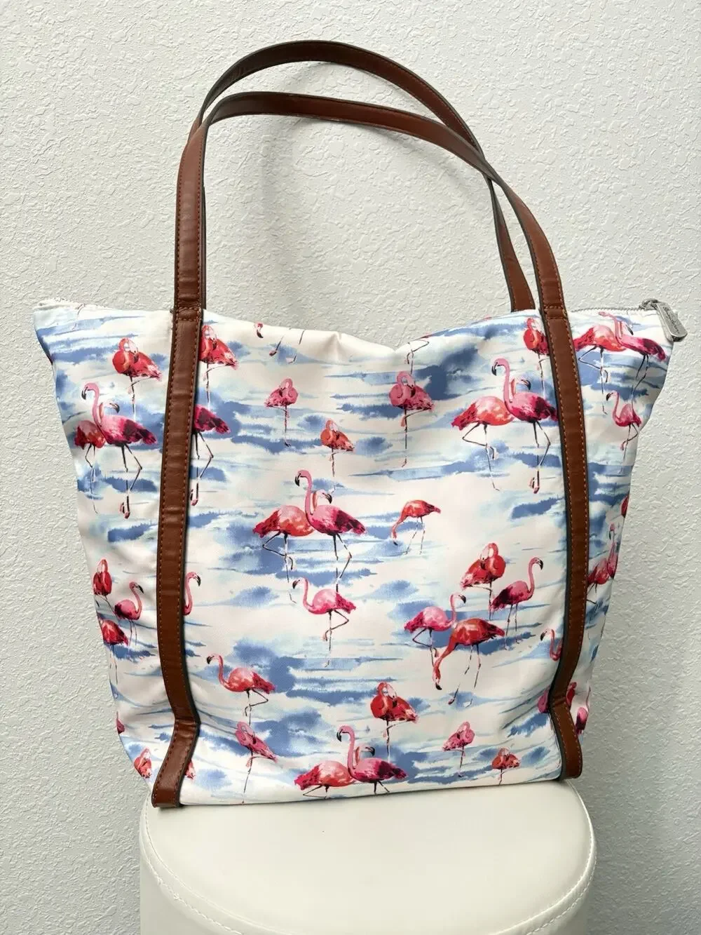 Tommy Bahama Flamingo Tote Bag Brown Faux Leather Straps Zip Top Beach Travel